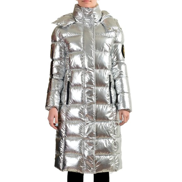 Plein Sport Women's Silver Hooded Logo Print Zip Up Long Parka Jacket